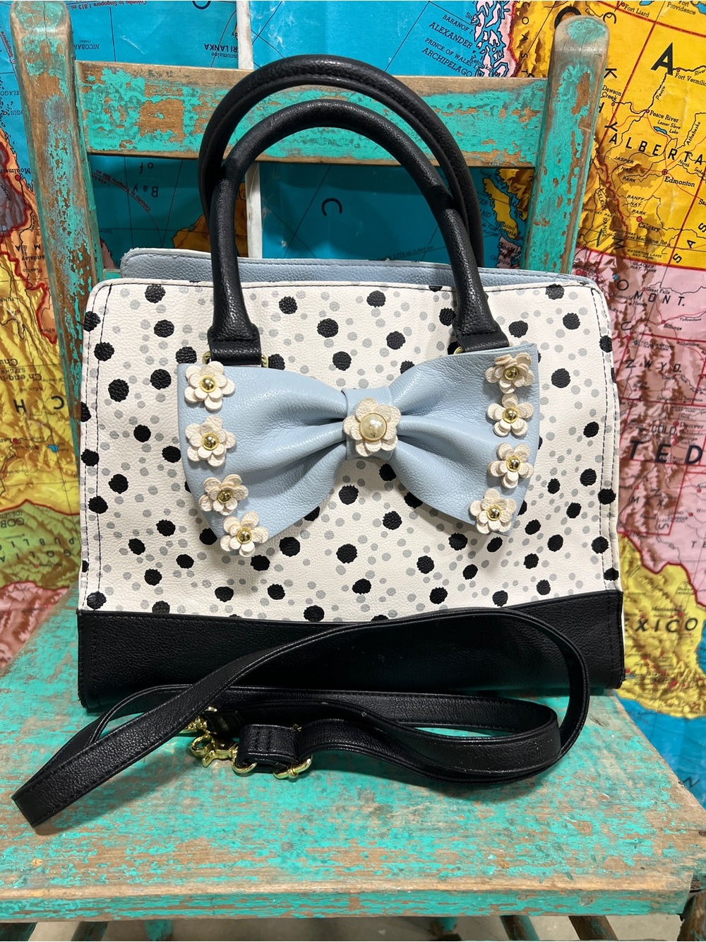 Betsey Johnson White Polka Dot Satchel with Light Blue Bow